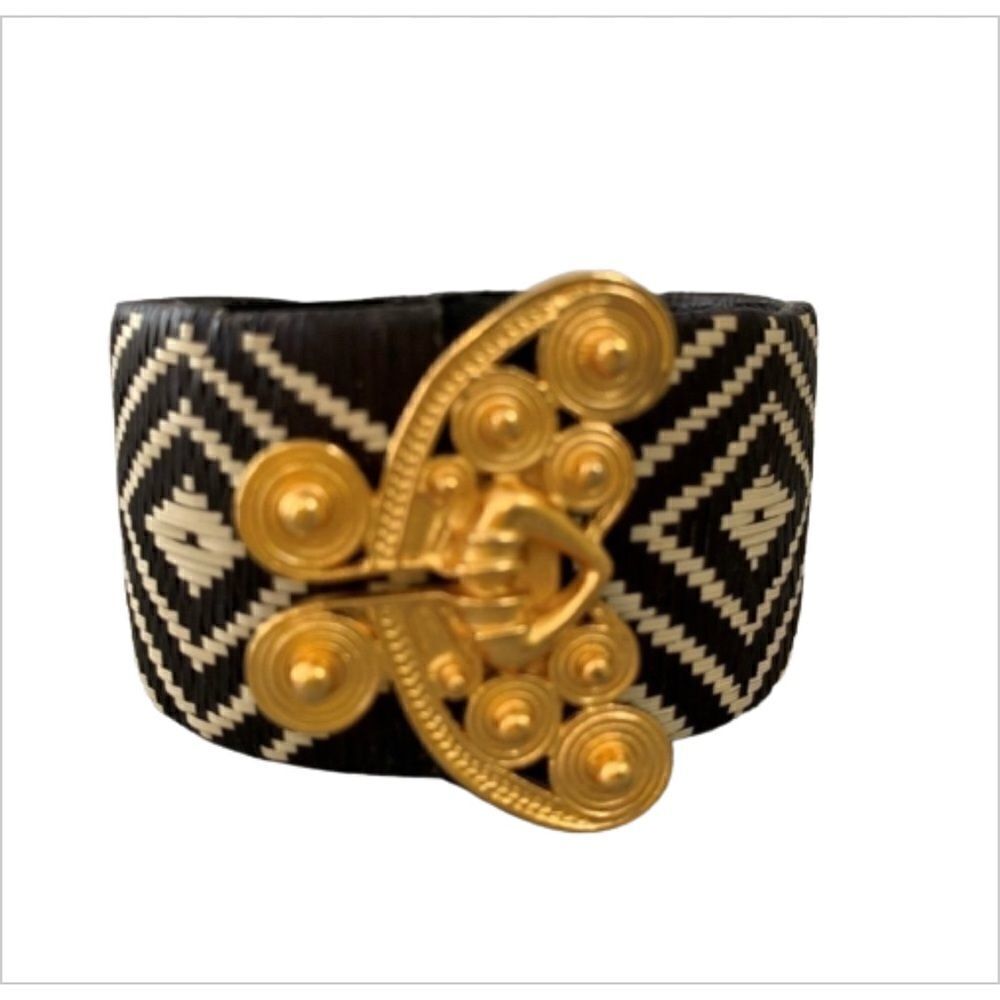 ‎Black/cream/gold Aztec print cuff bracelet